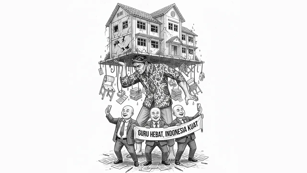 Slogan boleh megah, tapi beban pendidikan tetap dipikul sendirian oleh guru. (gg)