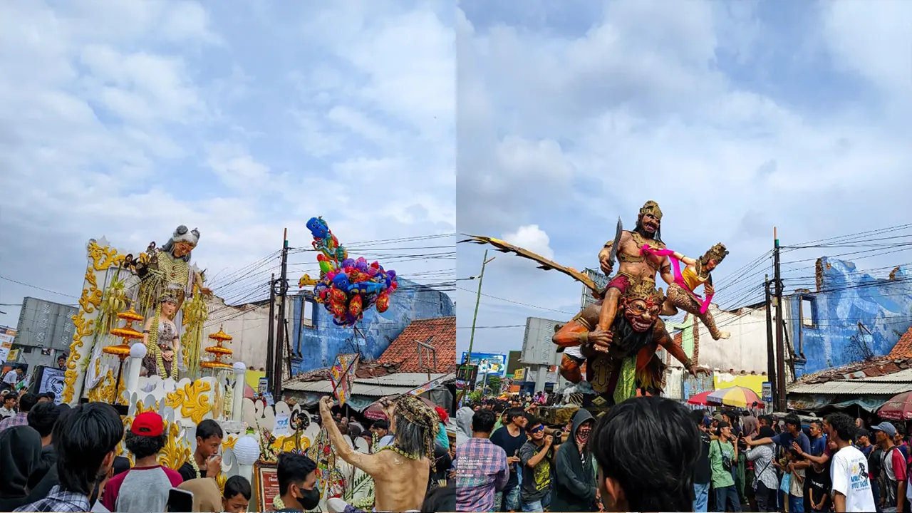 Arak-arakan budaya pada Tradisi Memayu Buyut Trusmi di Desa Trusmi, Kecamatan Plered, Cirebon, menampilkan berbagai patung raksasa dan figur simbolik yang diusung warga. (doc. pribadi)