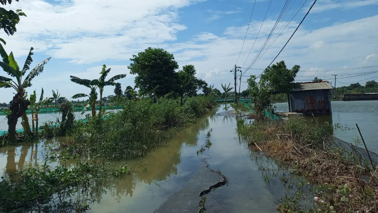 Genangan air menutupi jalan utama Desa Kepudibener, Kabupaten Lamongan, akibat hujan berintensitas tinggi. Kondisi jalan yang