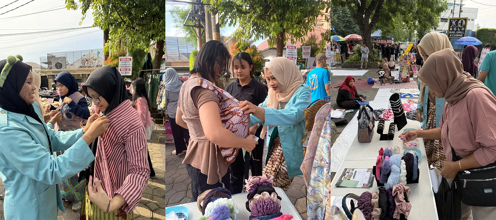 Kolase mahasiswi Sejukain membantu peserta mencoba teknik mix and match wastra saat Workshop “Mix & Match Wastra ala Sejukain” di area CFD Slamet Riyadi, Surakarta. (doc. pribadi)
