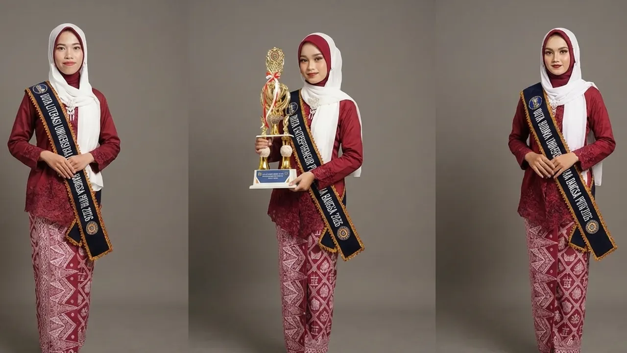 Tiga mahasiswi Program Studi Ilmu Komunikasi Universitas Bina Bangsa berpose usai dinobatkan sebagai Duta Kampus Universitas Bina Bangsa 2026 dalam ajang pemilihan yang digelar di Serang, Banten, Kamis (8/1/2026). (doc. Pribadi/Lapina Lena)