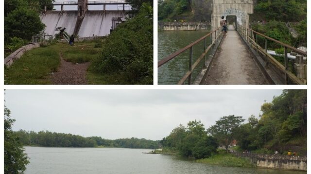 Waduk Klampis di Kecamatan Kedungdung, Sampang, tampil tenang di antara rimbun pepohonan. Tampak area spillway, jembatan akses, dan hamparan permukaan waduk yang menjadi sumber air sekaligus ruang rekreasi warga. (doc. pribadi)
