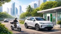 Ilustrasi kendaraan listrik mengisi daya di stasiun pengisian umum, sementara pengendara motor melintas di jalan kota yang rindang potret perubahan mobilitas ramah lingkungan di tengah perkotaan modern. (Create by ChatGPT) Ilustrasi kendaraan listrik mengisi daya di stasiun pengisian umum, sementara pengendara motor melintas di jalan kota yang rindang potret perubahan mobilitas ramah lingkungan di tengah perkotaan modern. (Create by ChatGPT)