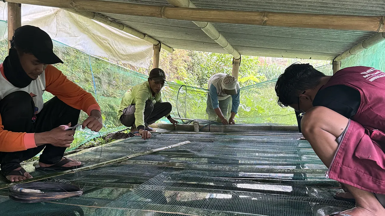 Mahasiswa KKN-PPM UMBY Kelompok 15 bersama warga Dusun Ngepoh Kidul melakukan pemasangan jaring penutup pada talang dan bak penampungan air, Minggu (8/2/2026). (doc. pribadi)