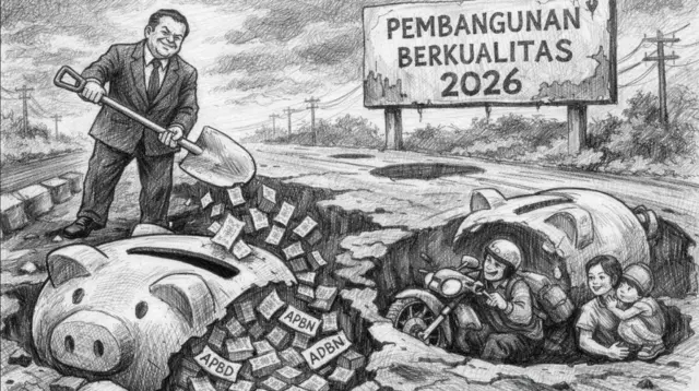 Lubang jalan bukan sekadar kerusakan, tetapi simbol anggaran yang ditimbun dan tak pernah kembali ke rakyat. (GG) Lubang jalan bukan sekadar kerusakan, tetapi simbol anggaran yang ditimbun dan tak pernah kembali ke rakyat. (GG)