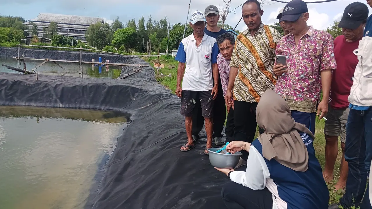 Mahasiswa KKN Undip memberikan penjelasan langsung kepada para petambak terkait cara pemberian pakan yang tepat di area tambak. (doc. pribadi)