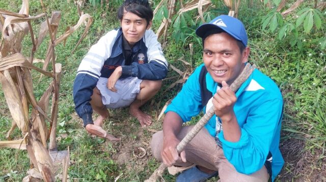 Mahasiswa KKN melakukan pemasangan biopori bambu di lahan salah satu petani Desa TLogotirto. (doc. Pribadi)