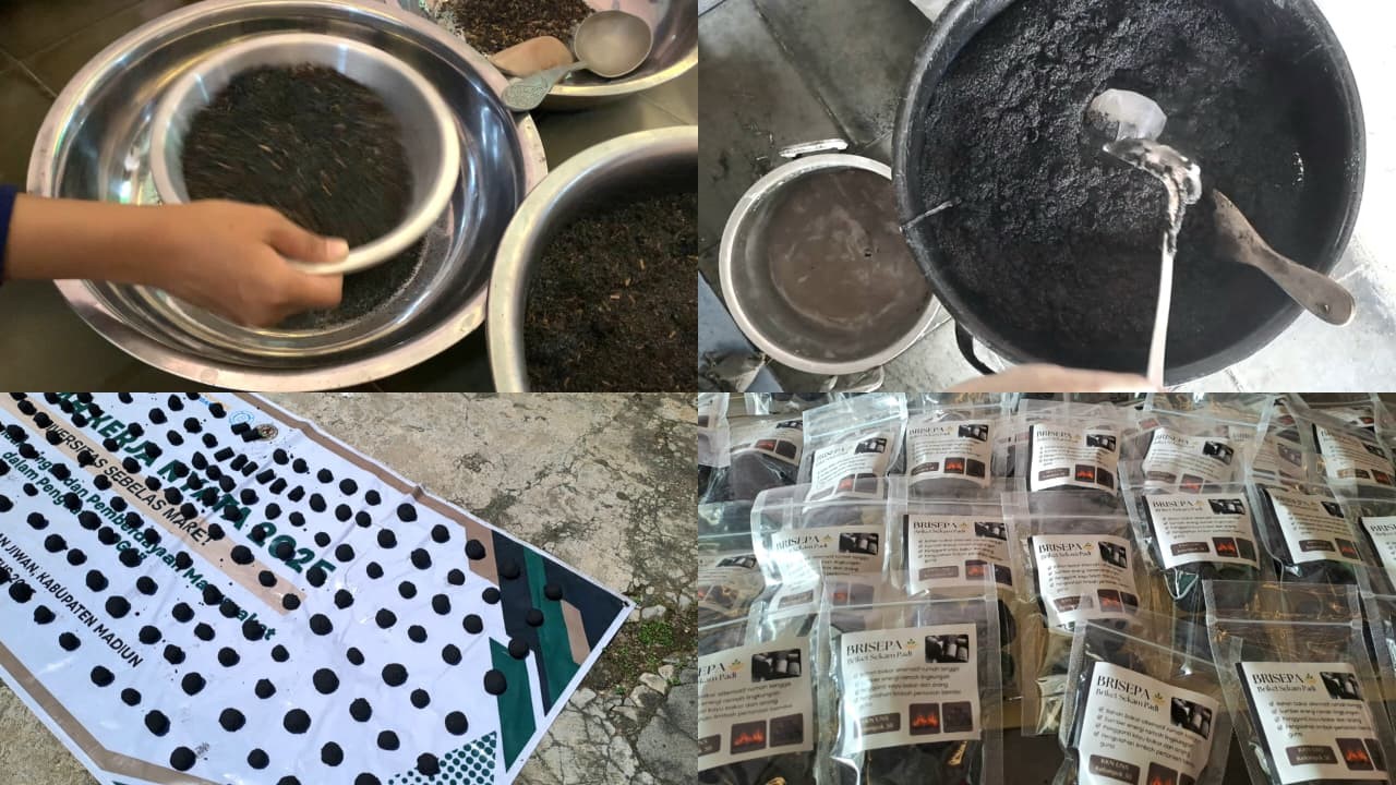 Tahapan produksi BRISEPA, mulai dari pengolahan sekam padi bakar hingga briket siap kemas sebagai bahan bakar alternatif. (doc. KKN 50 UNS)