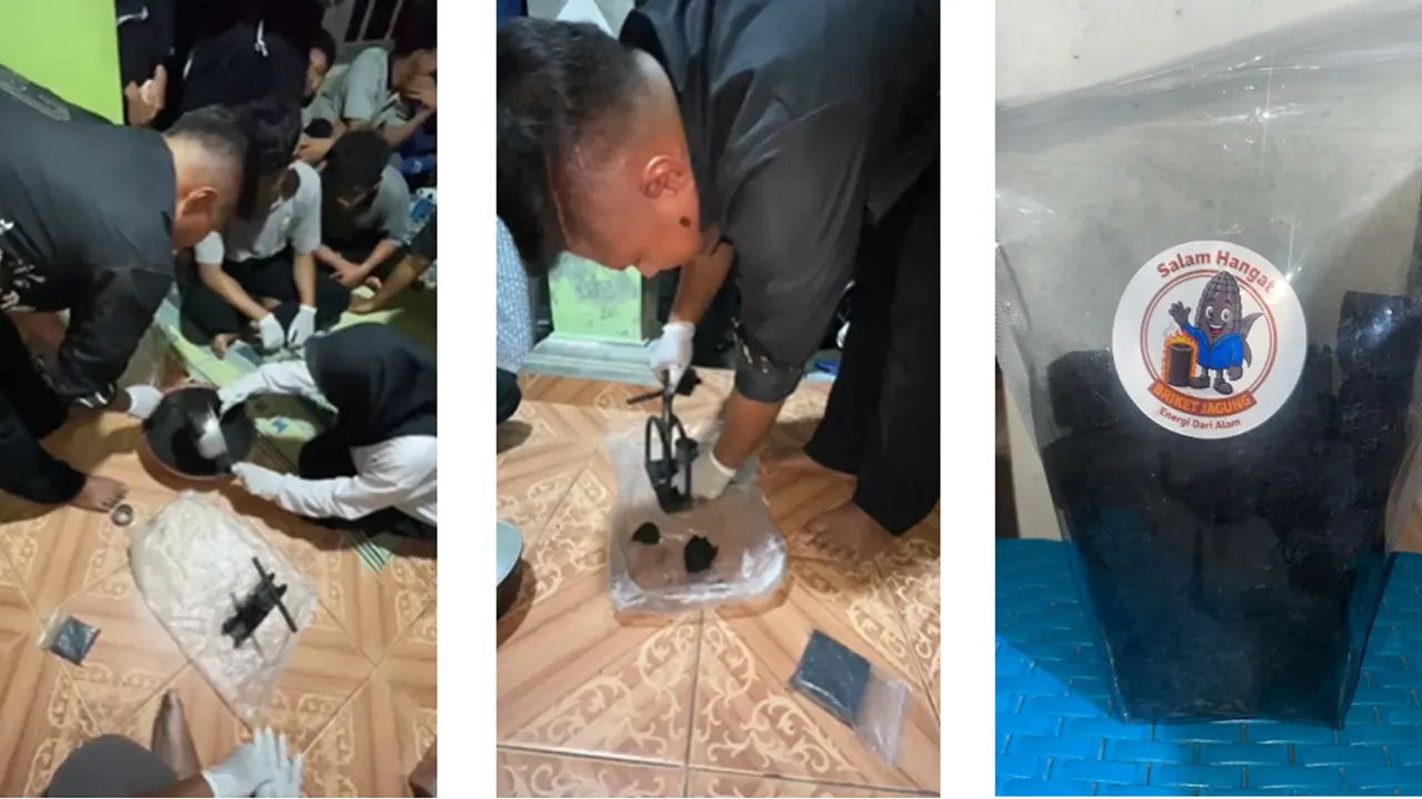 Mahasiswa KKN UNDIP Tim 1 bersama pemuda Desa Kacangan, Kecamatan Sumberlawang, Kabupaten Sragen, mempraktikkan proses pencetakan briket dari limbah bonggol jagung. (doc. pribadi)