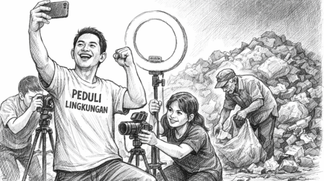 Gotong royong berubah panggung; kerja nyata tersisih oleh sorotan kamera. (GG)