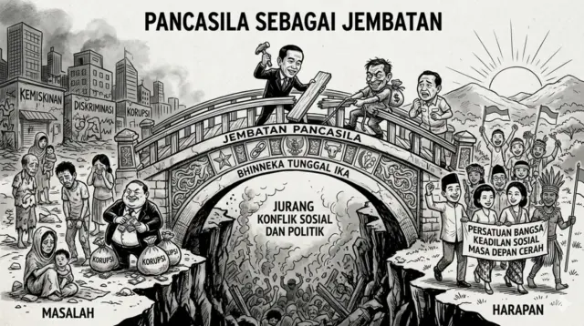 Menunjukkan Pancasila sebagai jembatan antara masalah nyata dan aspirasi bangsa, yang harus dijaga dari praktik destruktif. (GG)