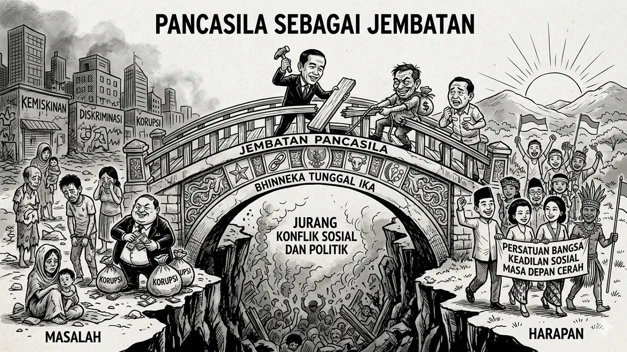 Menunjukkan Pancasila sebagai jembatan antara masalah nyata dan aspirasi bangsa, yang harus dijaga dari praktik destruktif. (GG)