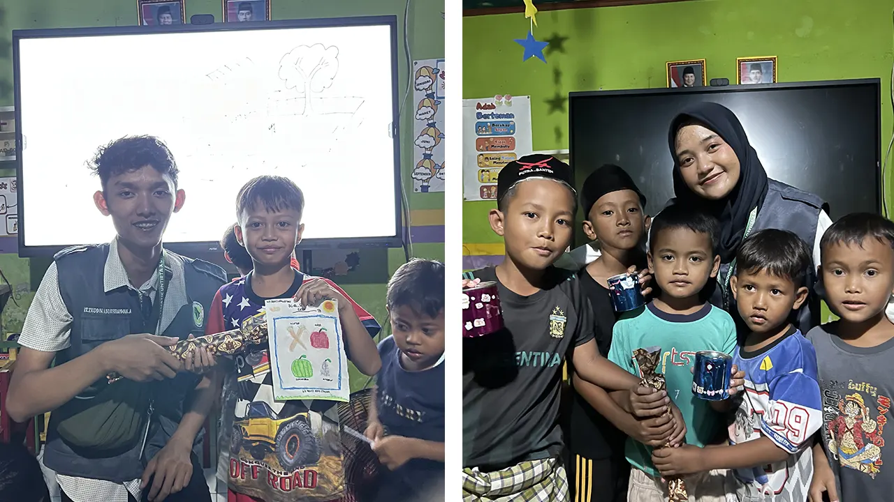 Pemberian reward kepada anak-anak yang aktif saat edukasi literasi keuangan di Kampung Cimuntur, Desa Cisimeut Raya, Kabupaten Lebak, Banten, Senin (10/1/2026). (doc. pribadi)