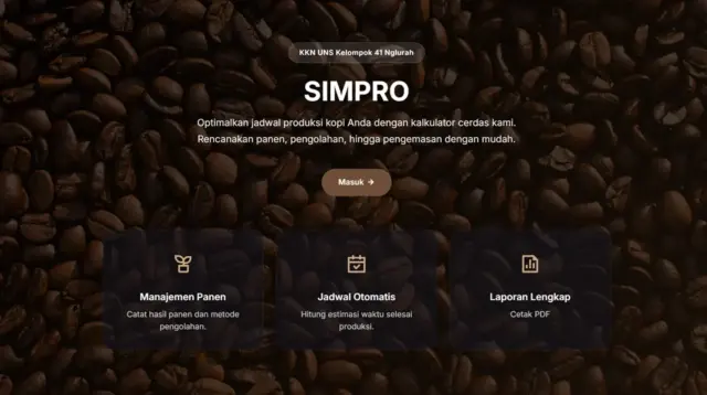 Tangkapan layar tampilan website SIMPRO (Simulasi Produksi) yang digunakan untuk menghitung estimasi jadwal dan durasi produksi kopi secara otomatis. (doc. pribadi)
