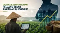 Ilustrasi digitalisasi sektor pertanian yang memperlihatkan petani menggunakan teknologi berbasis data di tengah meningkatnya dominasi platform agribisnis digital. (GG)