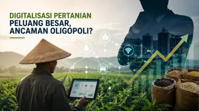 Ilustrasi digitalisasi sektor pertanian yang memperlihatkan petani menggunakan teknologi berbasis data di tengah meningkatnya dominasi platform agribisnis digital. (GG)