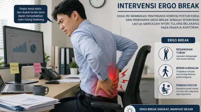 Ilustrasi pekerja kantoran mengalami nyeri punggung akibat duduk terlalu lama saat bekerja di depan komputer. Create by AI