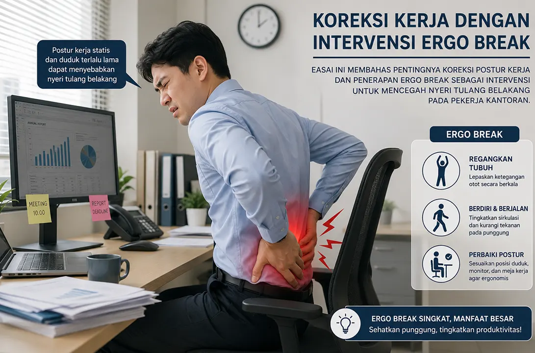 Ilustrasi pekerja kantoran mengalami nyeri punggung akibat duduk terlalu lama saat bekerja di depan komputer. Create by AI
