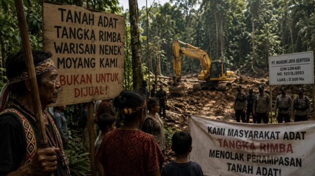 Ilustrasi sengketa tanah adat Tangka Rimba. Ilustrasi AI (ChatGPT, 2026).