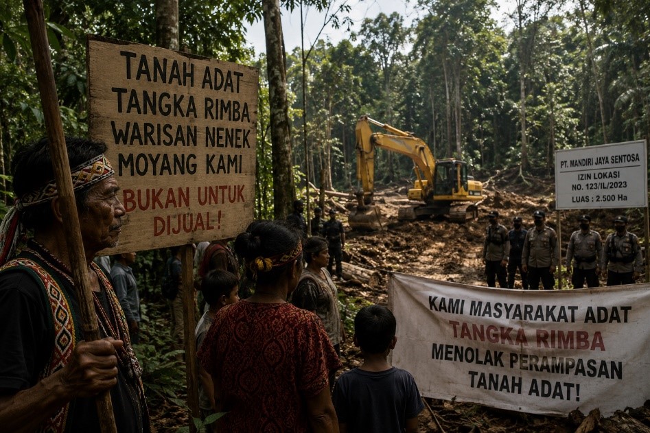 Ilustrasi sengketa tanah adat Tangka Rimba. Ilustrasi AI (ChatGPT, 2026).