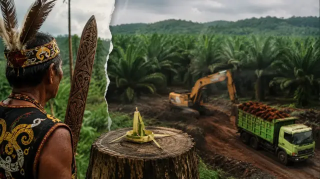Ilustrasi sengketa tanah ulayat masyarakat adat Dayak dengan perusahaan sawit di Kalimantan yang memunculkan perdebatan tentang pengakuan hukum adat, keadilan agraria, dan keberlanjutan lingkungan. (Ilustrasi: AI/ChatGPT)
