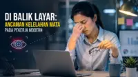 Ilustrasi seorang pekerja modern yang mengalami kelelahan mata akibat paparan layar digital dalam durasi panjang. (GG) Ilustrasi seorang pekerja modern yang mengalami kelelahan mata akibat paparan layar digital dalam durasi panjang. (GG)