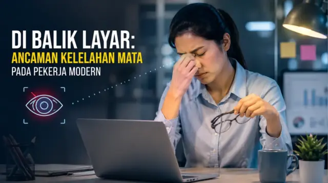 Ilustrasi seorang pekerja modern yang mengalami kelelahan mata akibat paparan layar digital dalam durasi panjang. (GG)