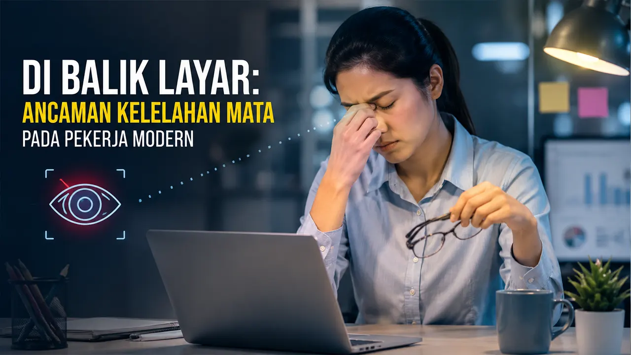 Ilustrasi seorang pekerja modern yang mengalami kelelahan mata akibat paparan layar digital dalam durasi panjang. (GG)