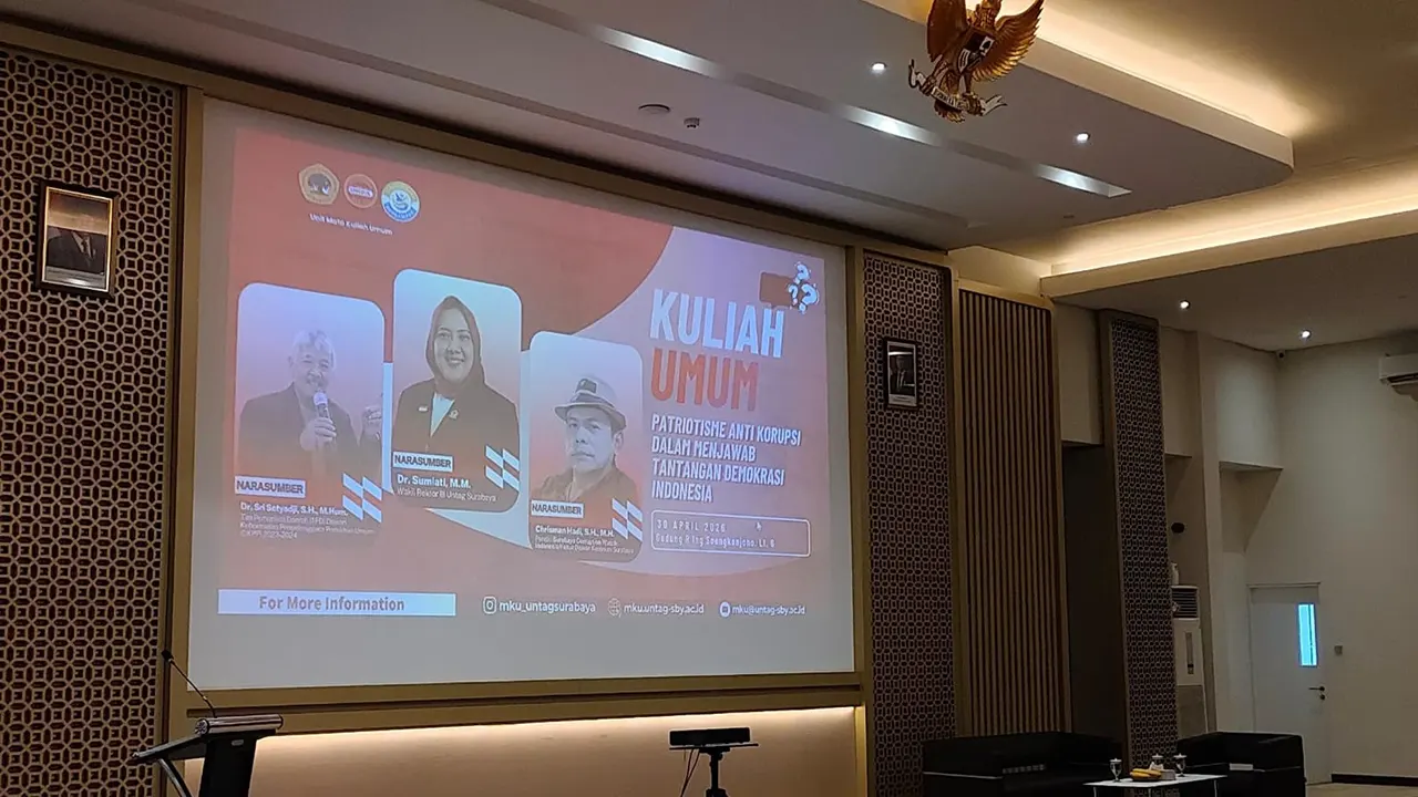 Kuliah Umum Unit MKU Untag Surabaya bertajuk "Patriotisme Anti Korupsi dalam Menjawab Tantangan Demokrasi Indonesia" di Gedung R. Ing Soengkonjono, Kamis (30/04/2026). (doc. pribadi)