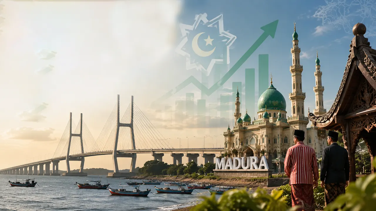 Ilustrasi pengembangan Kawasan Ekonomi Khusus (KEK) Syariah di Madura yang digadang-gadang menjadi pionir kawasan ekonomi syariah pertama di dunia. Didukung potensi industri halal, pariwisata halal, serta karakter masyarakat yang religius, kawasan ini diharapkan mampu menarik investasi, membuka lapangan kerja, dan mendorong pertumbuhan ekonomi berkelanjutan di Pulau Madura. (Ilustrasi: AI/Krajan.id)