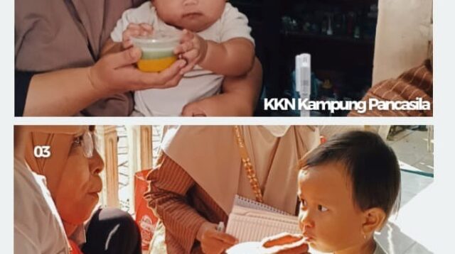 Mahasiswa KKN Kampung Pancasila UIN Sunan Ampel Surabaya melaksanakan edukasi gizi sekaligus membagikan Pemberian Makanan Tambahan (PMT) berbasis pangan lokal berupa Pudding LAKAJO (Labu Kuning Kacang Ijo) kepada balita di RW 5 Kelurahan Karah, Surabaya, Kamis (9/7). Kegiatan dilakukan secara door to door untuk memberikan pendampingan kepada orang tua mengenai pemenuhan gizi seimbang, pemanfaatan pangan lokal, serta strategi mengatasi Gerakan Tutup Mulut (GTM) pada balita. Program ini merupakan upaya mendukung pencegahan growth faltering melalui edukasi yang berkelanjutan dan pemberdayaan keluarga sebagai garda terdepan dalam menjaga tumbuh kembang anak. (Doc. Tim KKN Kampung Pancasila UIN Sunan Ampel Surabaya.)