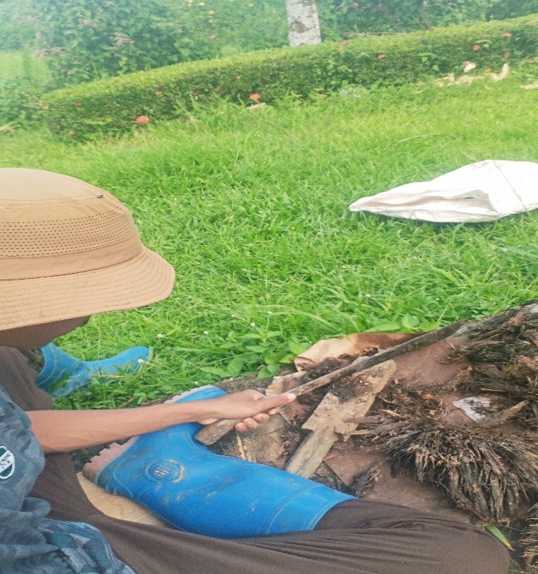 Mahasiswa KKN UNS menunjukkan proses pemanfaatan limbah Tandan Kosong Kelapa Sawit (TKKS) sebagai pupuk organik dalam kegiatan demonstrasi di Desa Serongga. Praktik ini menjadi bagian dari edukasi kepada masyarakat untuk mengoptimalkan limbah perkebunan sebagai sumber hara yang ramah lingkungan dan bernilai ekonomi. (Doc. Pribadi)