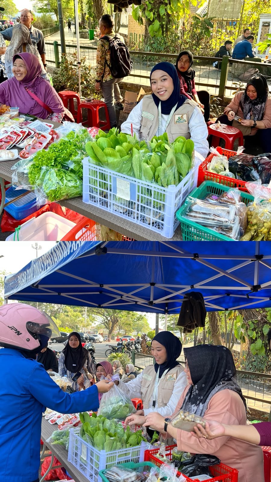 Tim Mahasiswa Kuliah Kerja Mahasiswa (KKM) Kelompok 86 Universitas Bina Bangsa (UNIBA) berpartisipasi aktif dalam kegiatan Bazar Pasar Tani Kabupaten Lebak. Acara tersebut bertempat di kawasan Alun-Alun Rangkasbitung pada Kamis (23/7/2026). (Dok. Pribadi/Kelompok KKM 86 UNIBA)