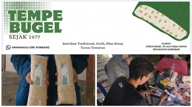 Mahasiswa BBK 8 UNAIR Desa Tawun membantu usaha tempe milik Keluarga Bapak Kamto menciptakan merek, mendesain stiker, hingga menerapkannya pada kemasan produk. (Dok. Kelompok BBK 8 Tawun).