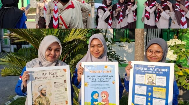 Mahasiswa peserta Magang Kependidikan Terintegrasi (MKT) Universitas Tidar 2026 bersama siswa SMP IT Ihsanul Fikri Mungkid dalam kegiatan pembelajaran kreatif. Mereka menampilkan poster edukatif bertema sains dan bahasa, sekaligus terlibat dalam pembuatan konten bilingual Daily Expression. Kegiatan tersebut menjadi bagian dari upaya memperluas ruang belajar melalui media visual, praktik komunikasi, dan kolaborasi di lingkungan sekolah. (Dok. Pribadi/MKT Universitas Tidar SMP IT Ihsanul Fikri Mungkid)