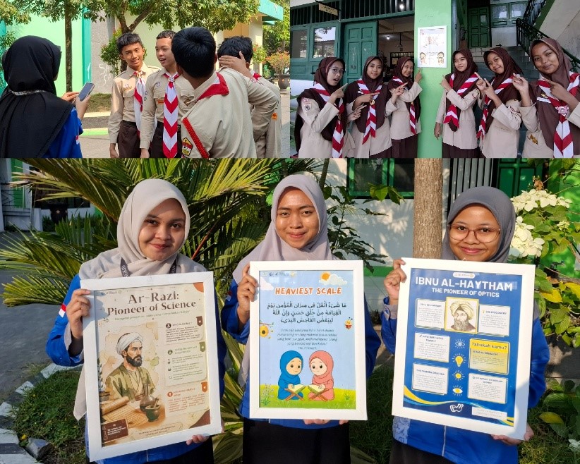 Mahasiswa peserta Magang Kependidikan Terintegrasi (MKT) Universitas Tidar 2026 bersama siswa SMP IT Ihsanul Fikri Mungkid dalam kegiatan pembelajaran kreatif. Mereka menampilkan poster edukatif bertema sains dan bahasa, sekaligus terlibat dalam pembuatan konten bilingual Daily Expression. Kegiatan tersebut menjadi bagian dari upaya memperluas ruang belajar melalui media visual, praktik komunikasi, dan kolaborasi di lingkungan sekolah. (Dok. Pribadi/MKT Universitas Tidar SMP IT Ihsanul Fikri Mungkid)