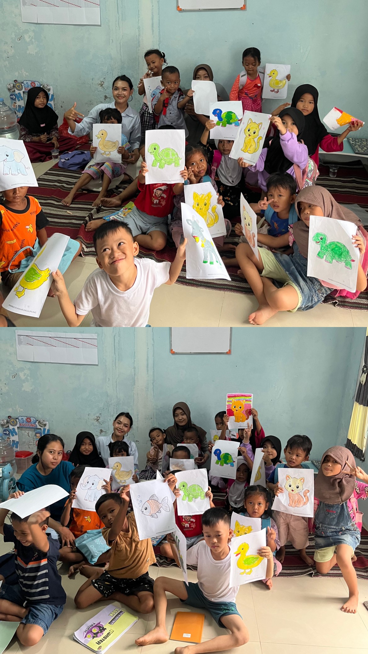 Sore penuh warna bersama anak-anak Kampung Alun-Alun. 🎨😊 Belajar, bermain, dan mewarnai bersama KKM 86 UNIBA. (Doc. Pribadi)