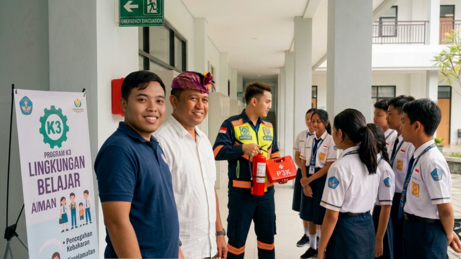 Ilustrasi: Sosialisasi Penerapan K3 di Sekolah: Pengenalan APAR dan Kotak P3k, Marka Jalur Evakuasi, Banner, dan Keadaan di Lingkungan Sekolah yang Nyaman dan Aman.