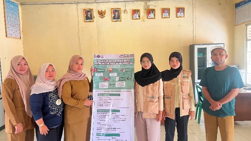 KKM 82 UNIBA saat melakukan penyerahan banner alur dan syarat pelayanan di Kantor Desa Muncangkopong, Kecamatan Cikulur, Kabupaten Lebak pada 18/08/26. (Dok Pribadi/ KKM 82 UNIBA)